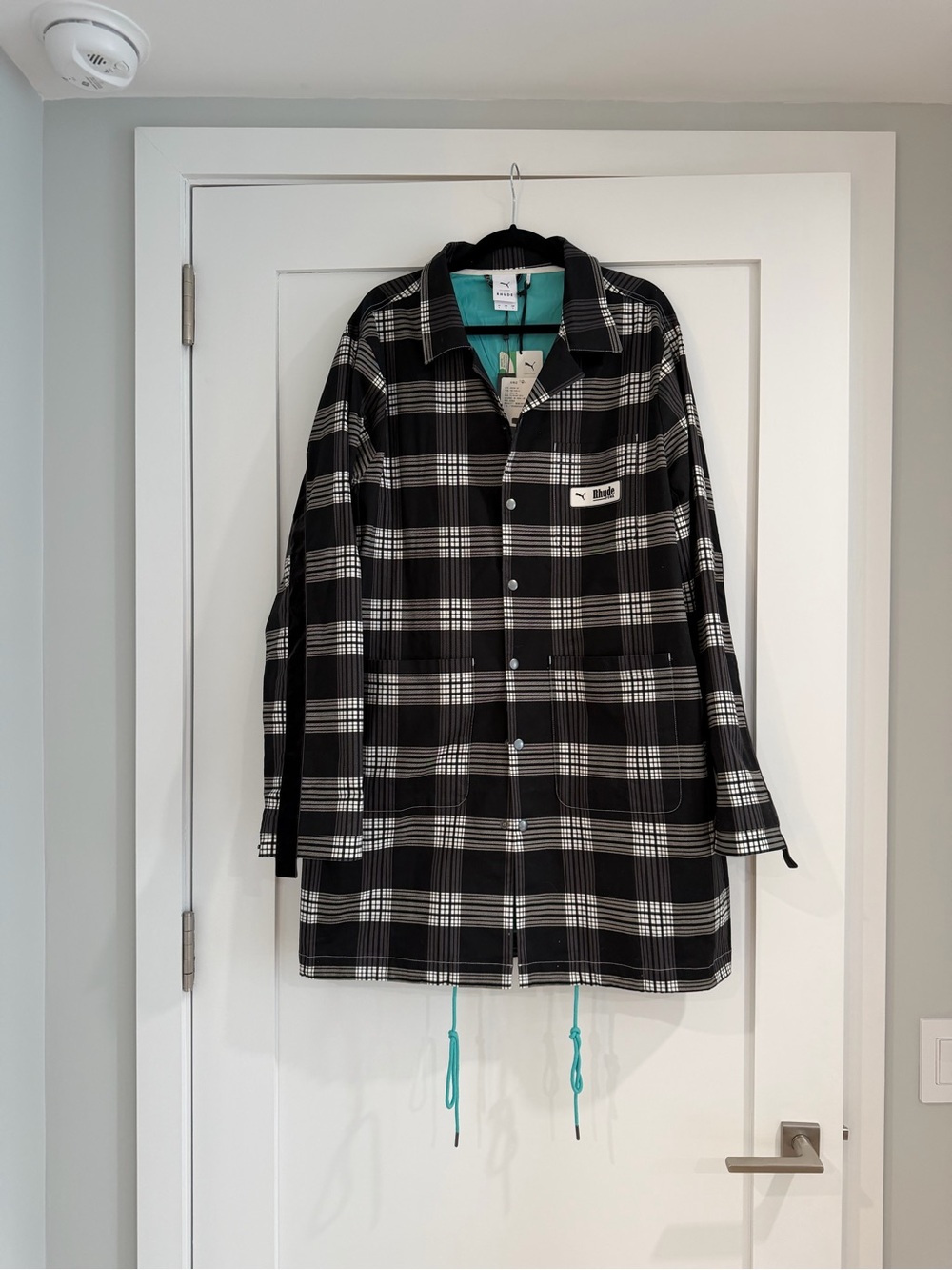 Men’s Rhude x Puma Black & White Plaid Jacket with Teal Lining